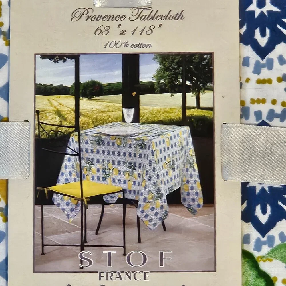 RARE NEW STOF FRANCE LEMON BLUE WHITE MEDITERRANEAN 63x118 COTTON TABLECLOTH
